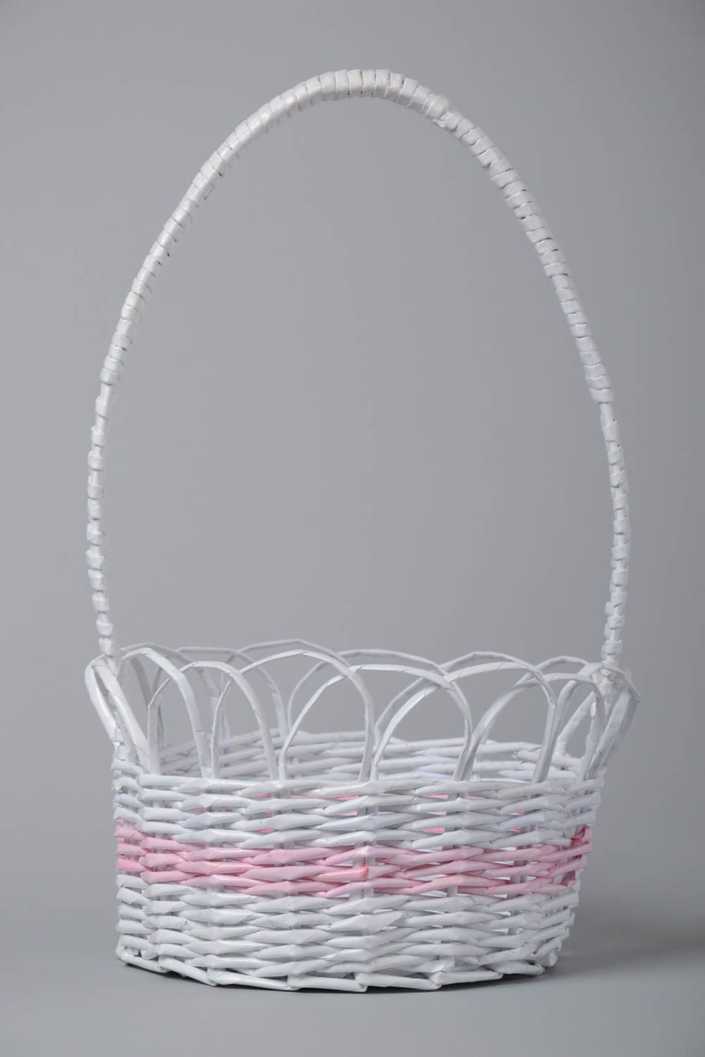 Handmade basket created of paper tubes white with a large handle for home photo 2