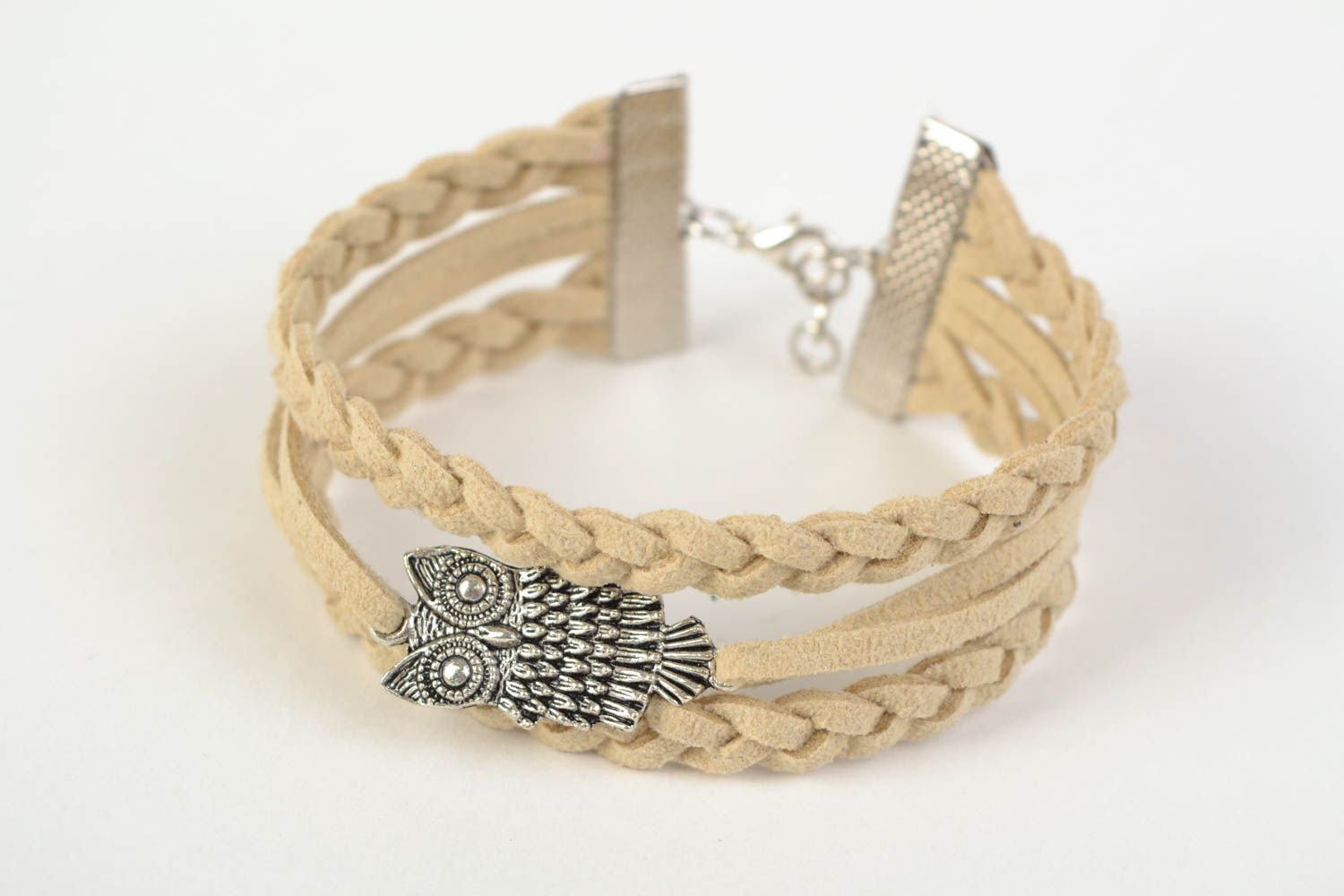 Handmade designer suede cord bracelet with owl charm beige accessory photo 3