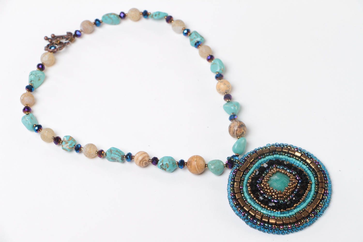 Bright massive handmade beaded necklace with natural stones designer Mandala photo 2
