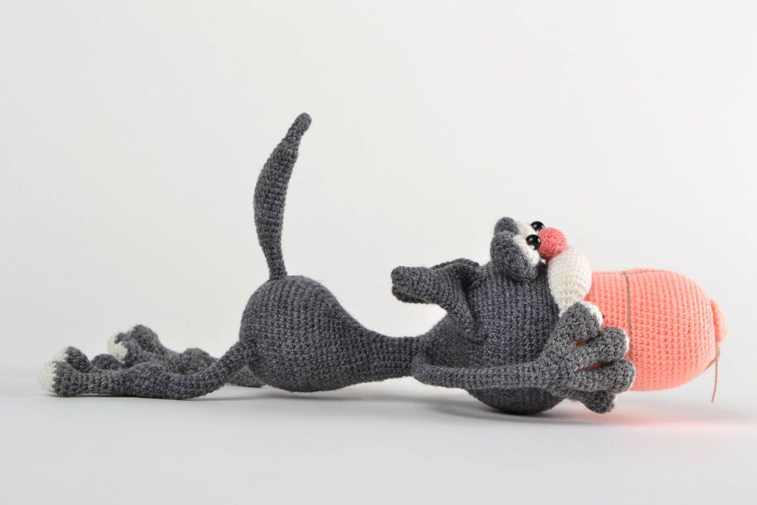 Handmade soft toy crocheted of acrylic threads funny gray cat and sausage  photo 4