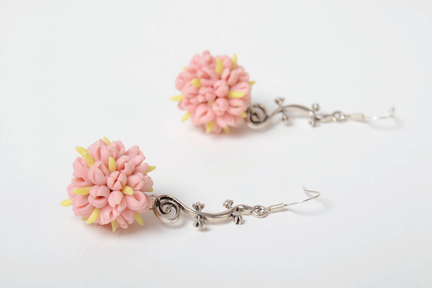 Unusual fancy earrings with tender handmade polymer clay flower bouquet pendant photo 3