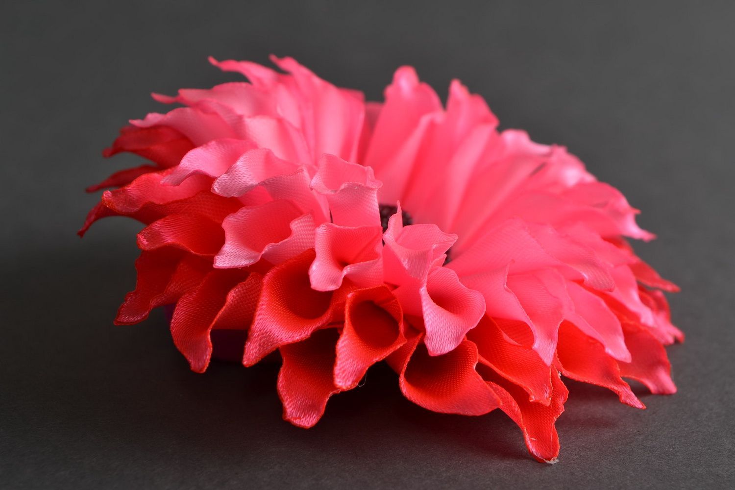Handmade decorative hair tie with large volume bright pink satin ribbon flower photo 1