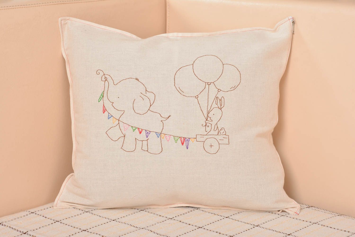 Handmade designer semi linen fabric pillow cover with embroidery for kids photo 1