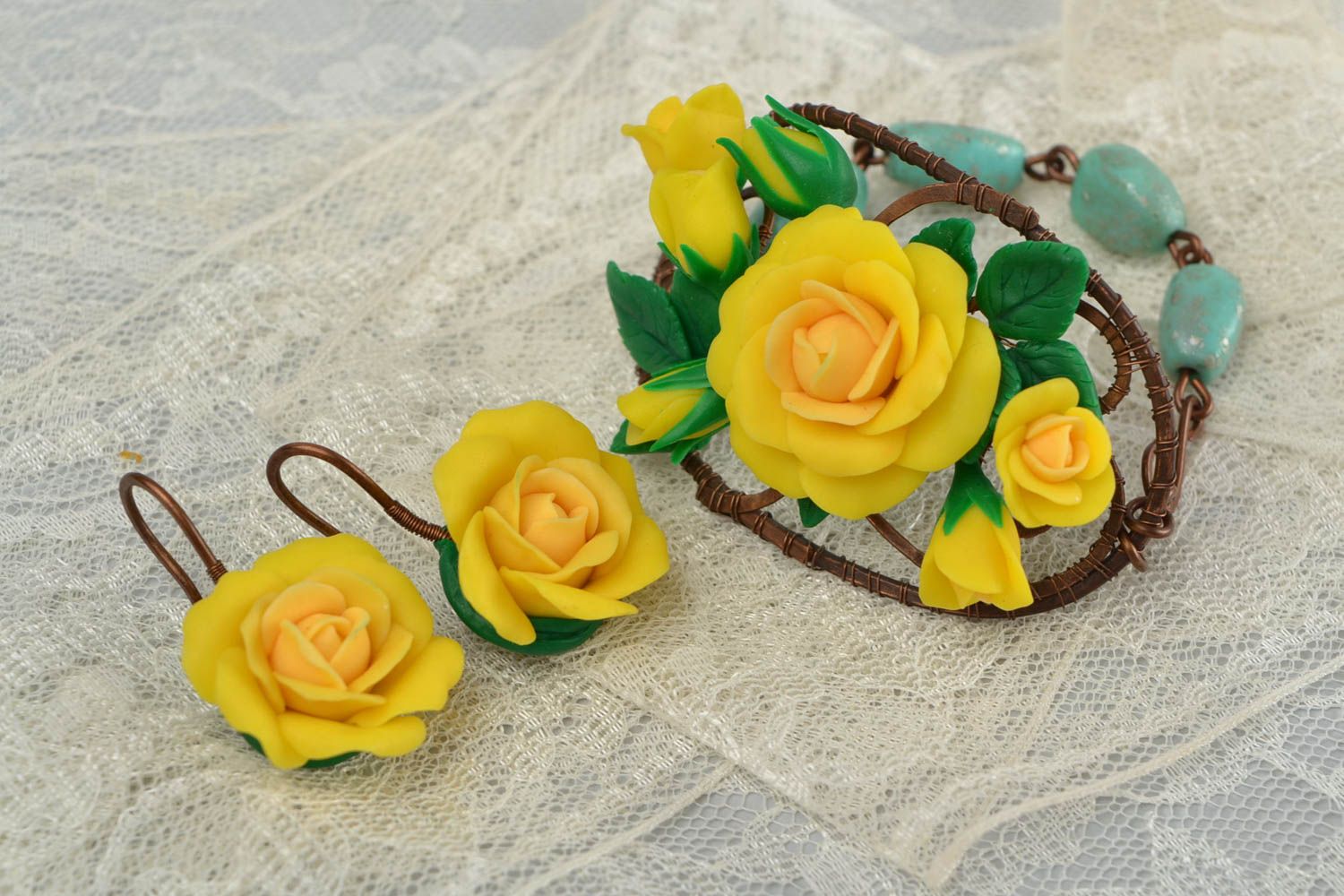 Homemade charm jewelry set yellow roses flower cuff bracelet and earrings for women and girls photo 1
