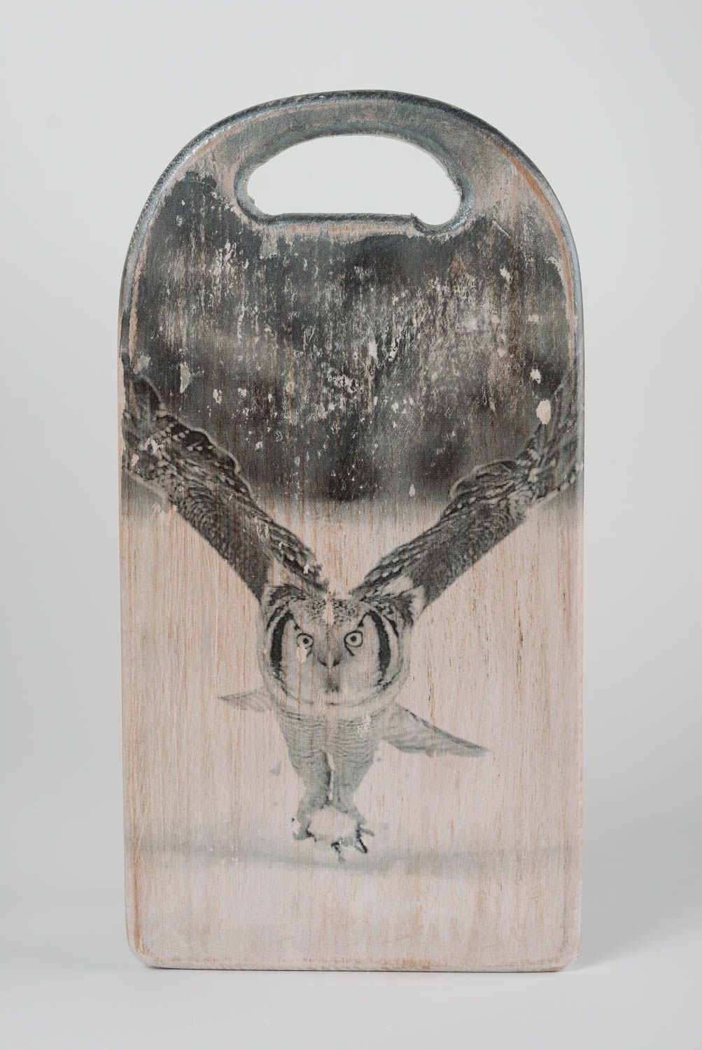 Unusual beautiful handmade decoupage wooden chopping board with owl image photo 1