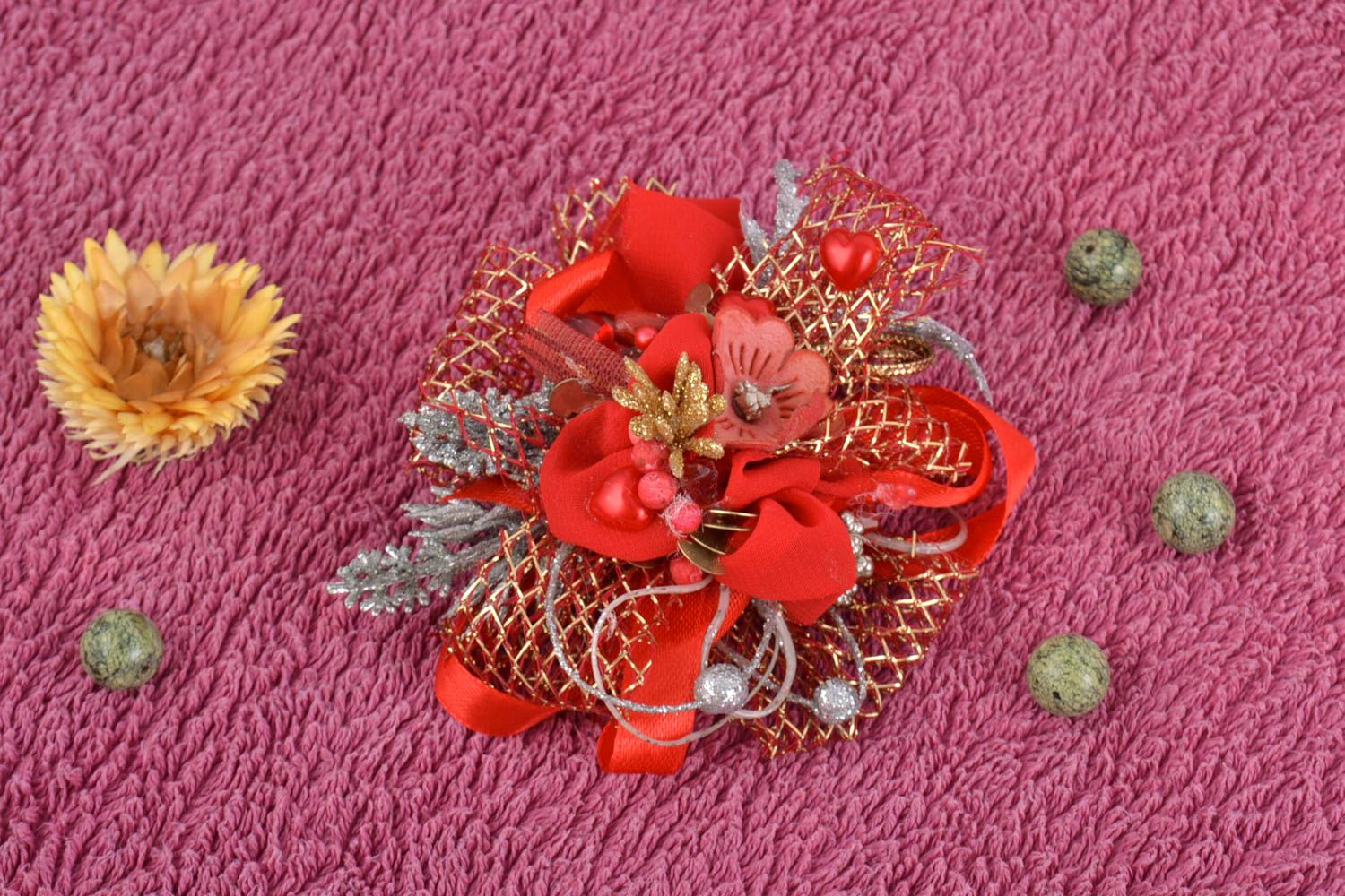 Handmade blank for creating of hair clip or brooch red decorative flowers  photo 1