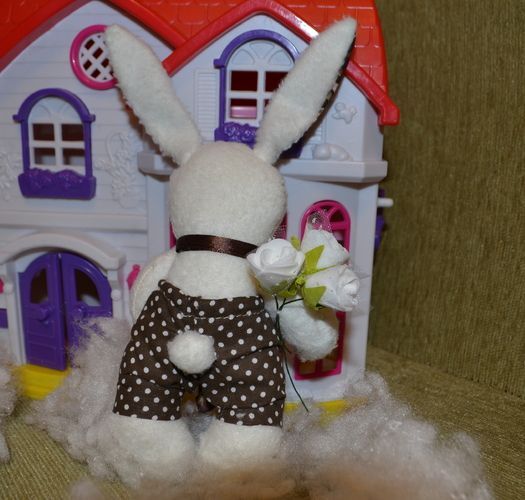 White handmade artificial fur fabric toy of average size Hare with Bouquet photo 2