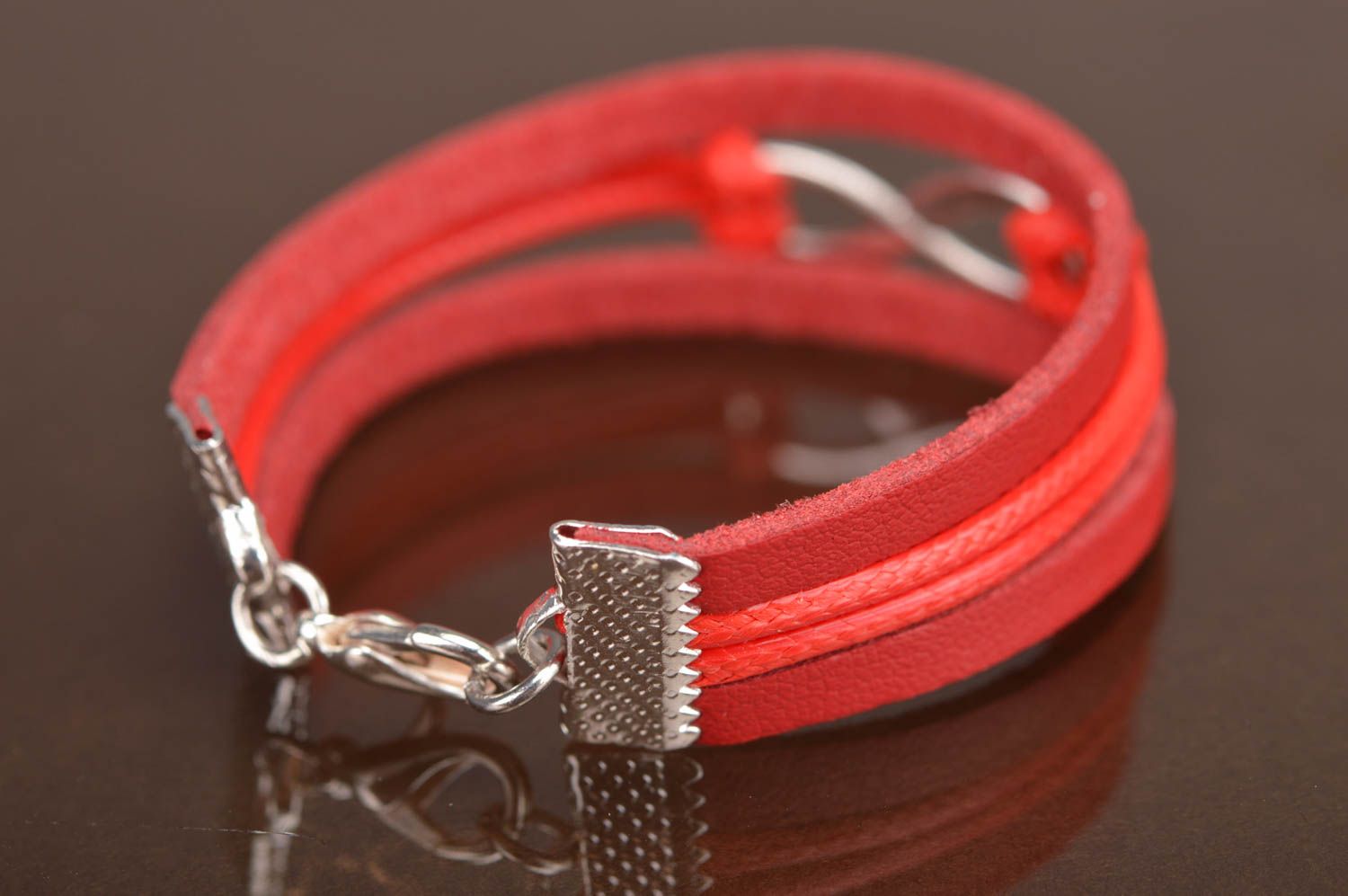Handmade designer red genuine leather cord wrist bracelet with infinity sign photo 4