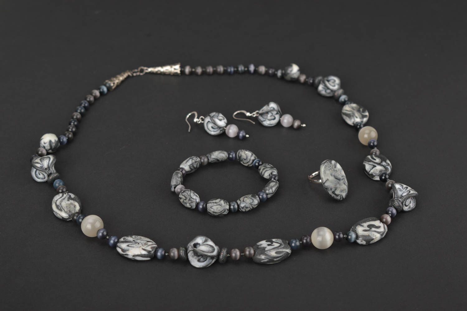 Handmade bracelet long earrings plastic beads ring polymer clay jewelry set  photo 5