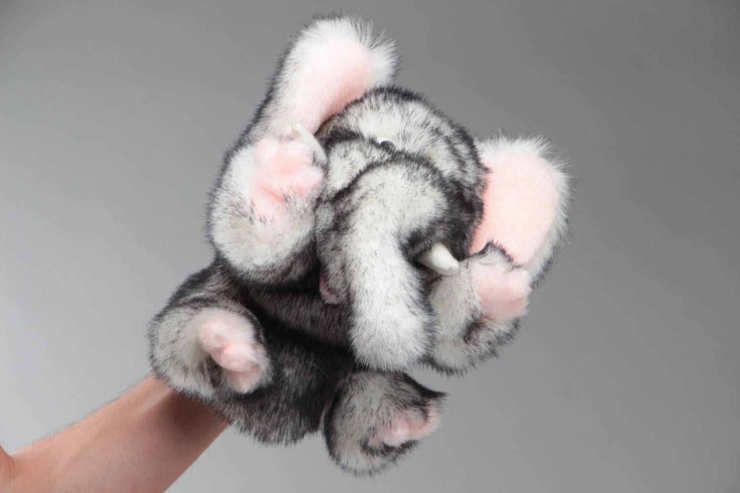 Handmade soft toy glove puppet sewn of gray and pink faux fur Elephant photo 5
