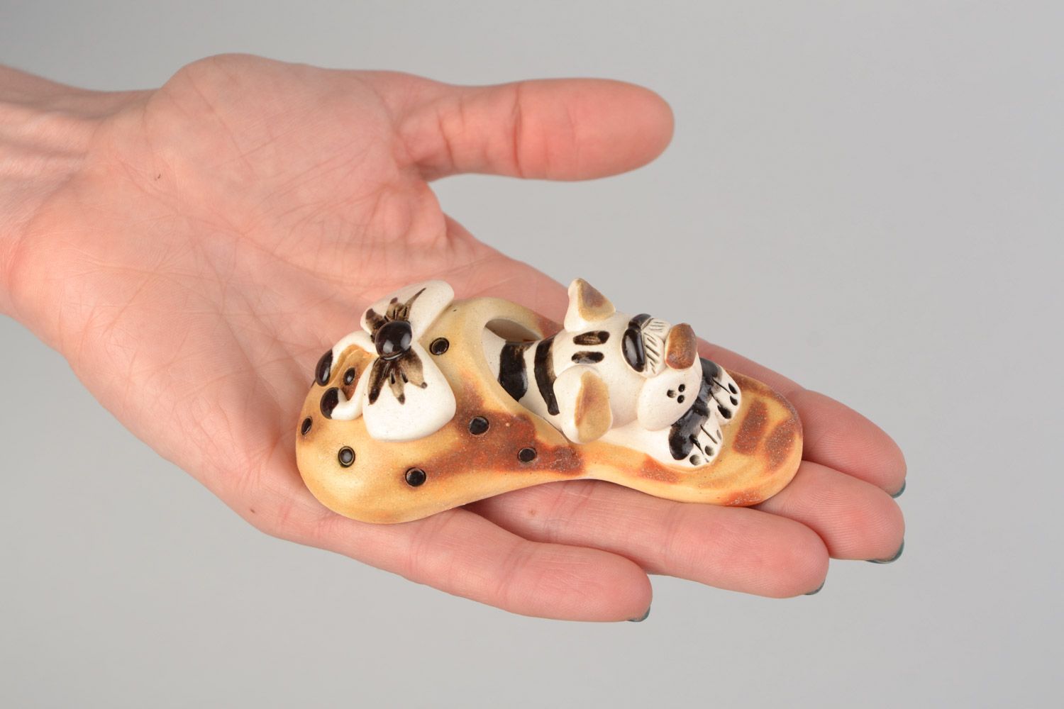 Handmade decorative miniature ceramic figurine painted with glaze cat in slipper photo 2
