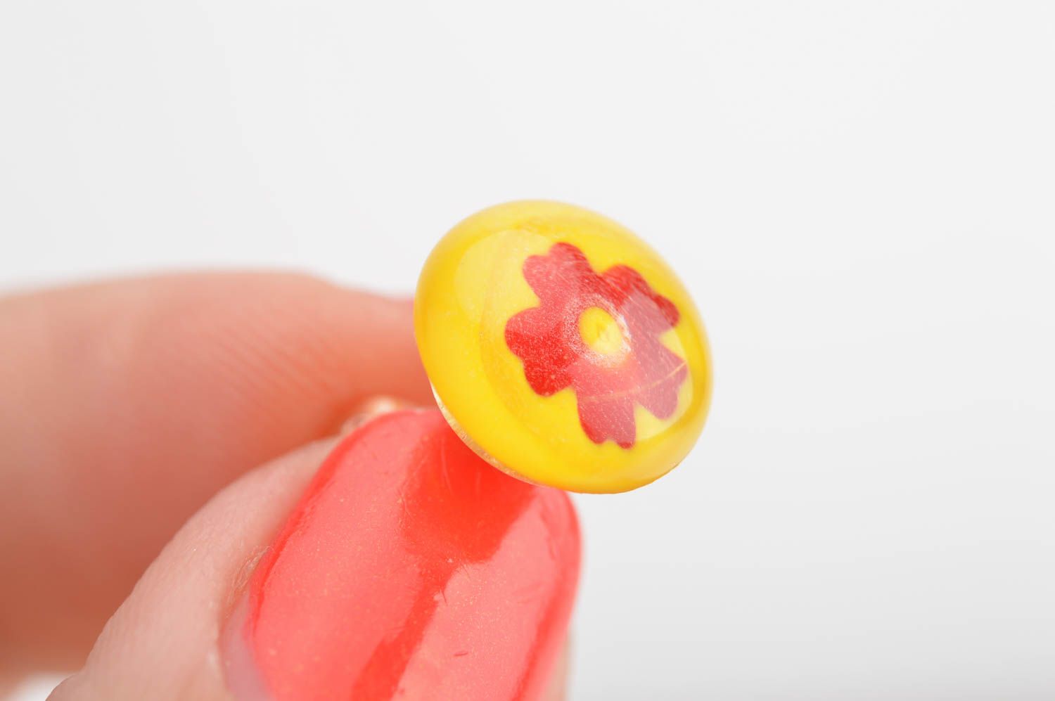 Handmade millefiory glass stud earrings yellow with red flowers small neat photo 4
