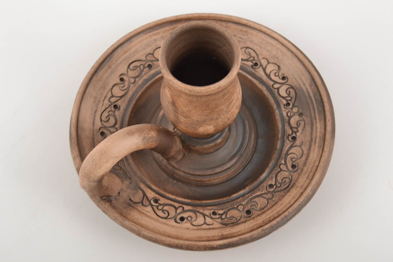 Bougeoir avec anse marron original pour une bougie fait main technique poterie  photo 2