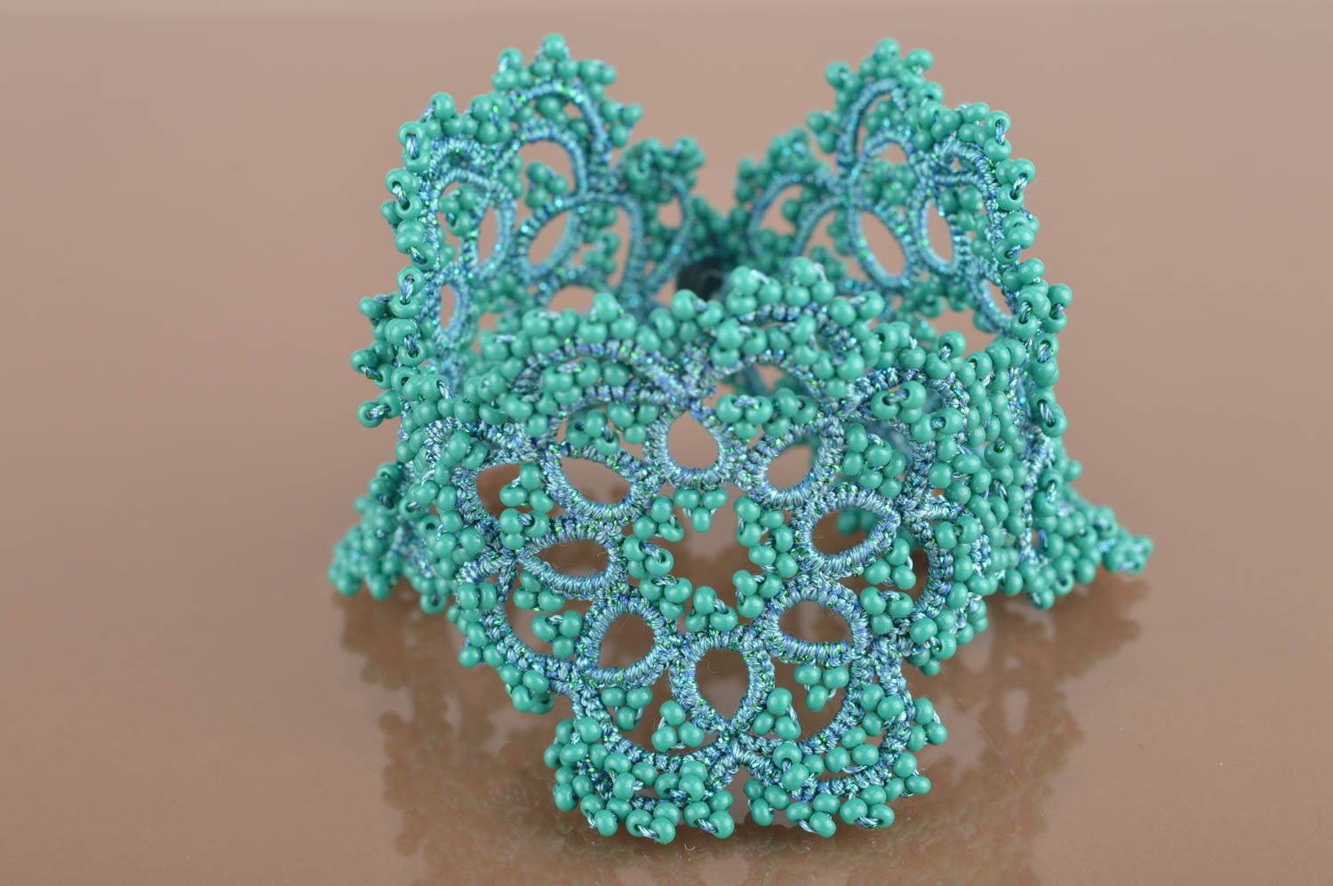 Beautiful handmade wide tatted lace bracelet of turquoise color with beads photo 5