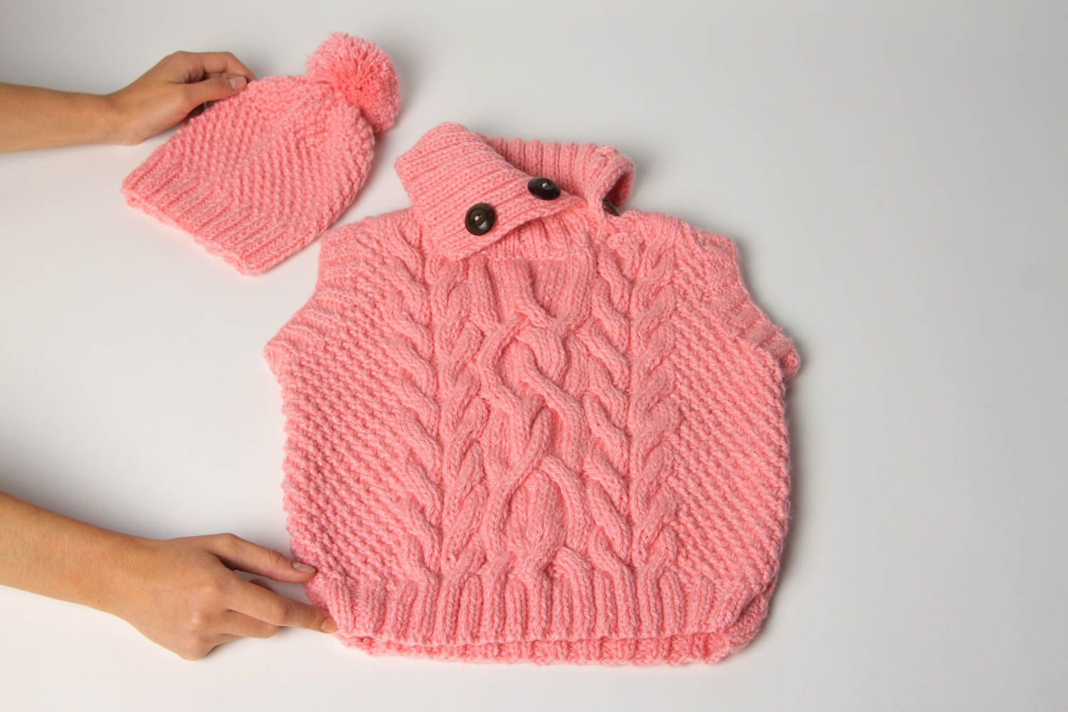 Knitted winter set handmade hat pink vest designer clothes for girl kids present photo 5