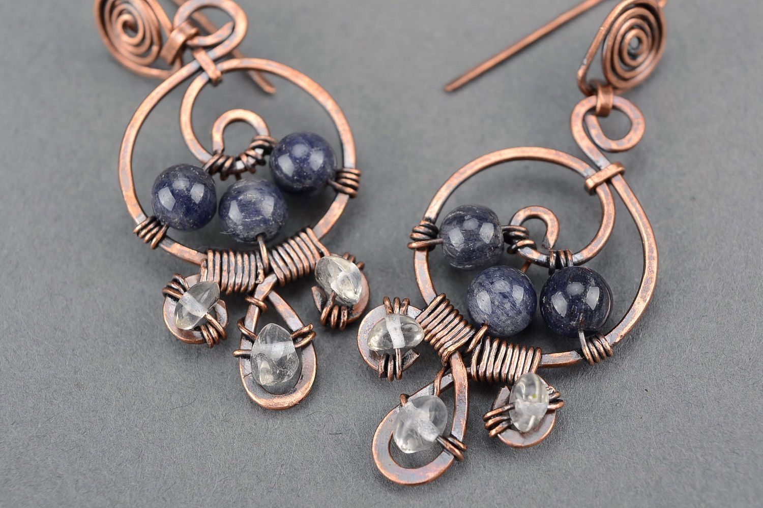 Copper earrings with aventurine and aquamarine photo 1