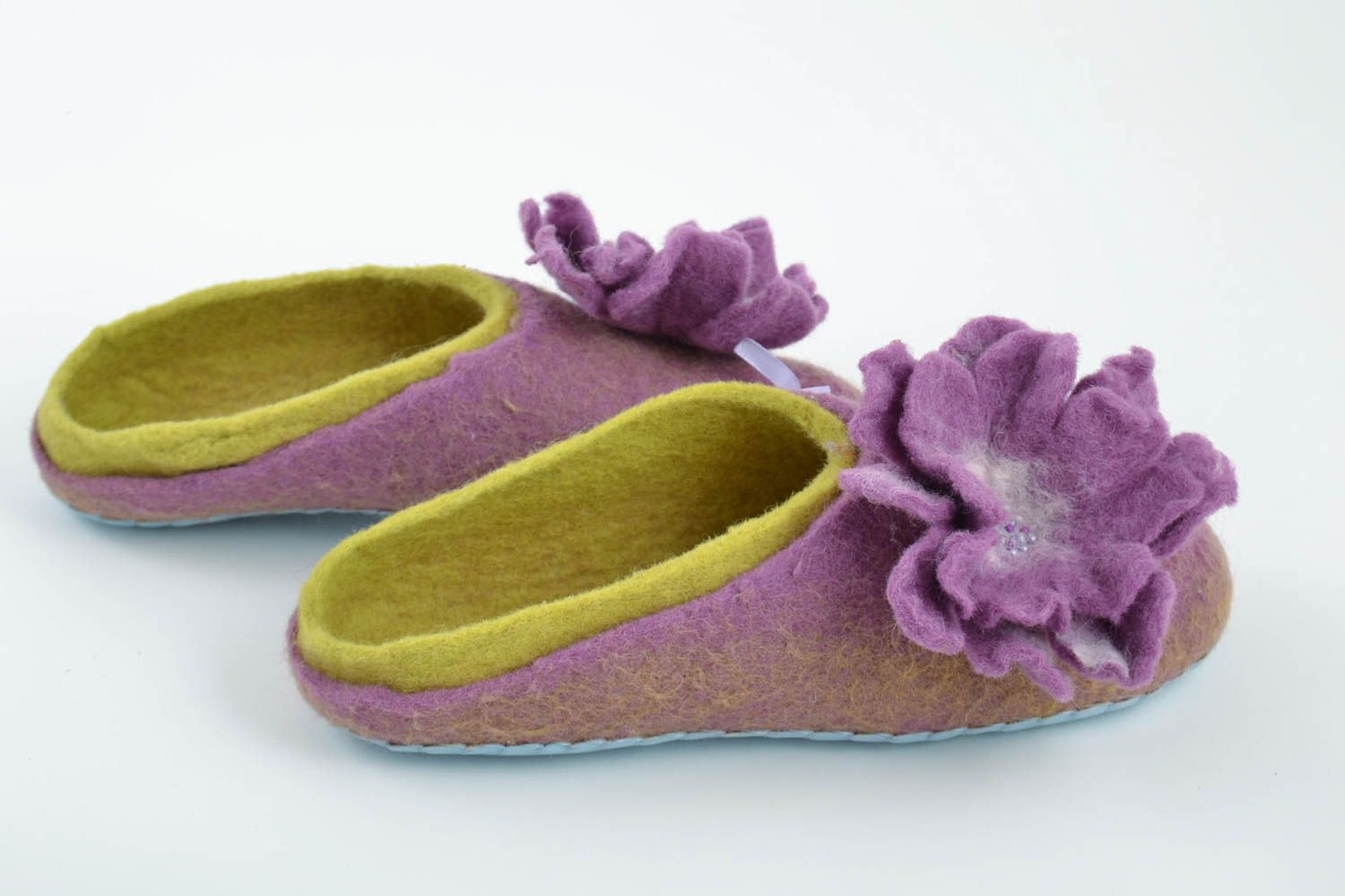 Beautiful homemade designer felted wool slippers with flower and leather sole photo 2