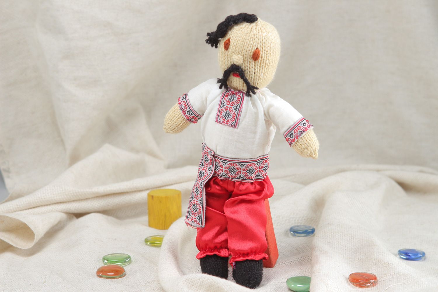 Handmade acrylic knit soft toy Cossack in embroidered shirt and bloomers photo 5