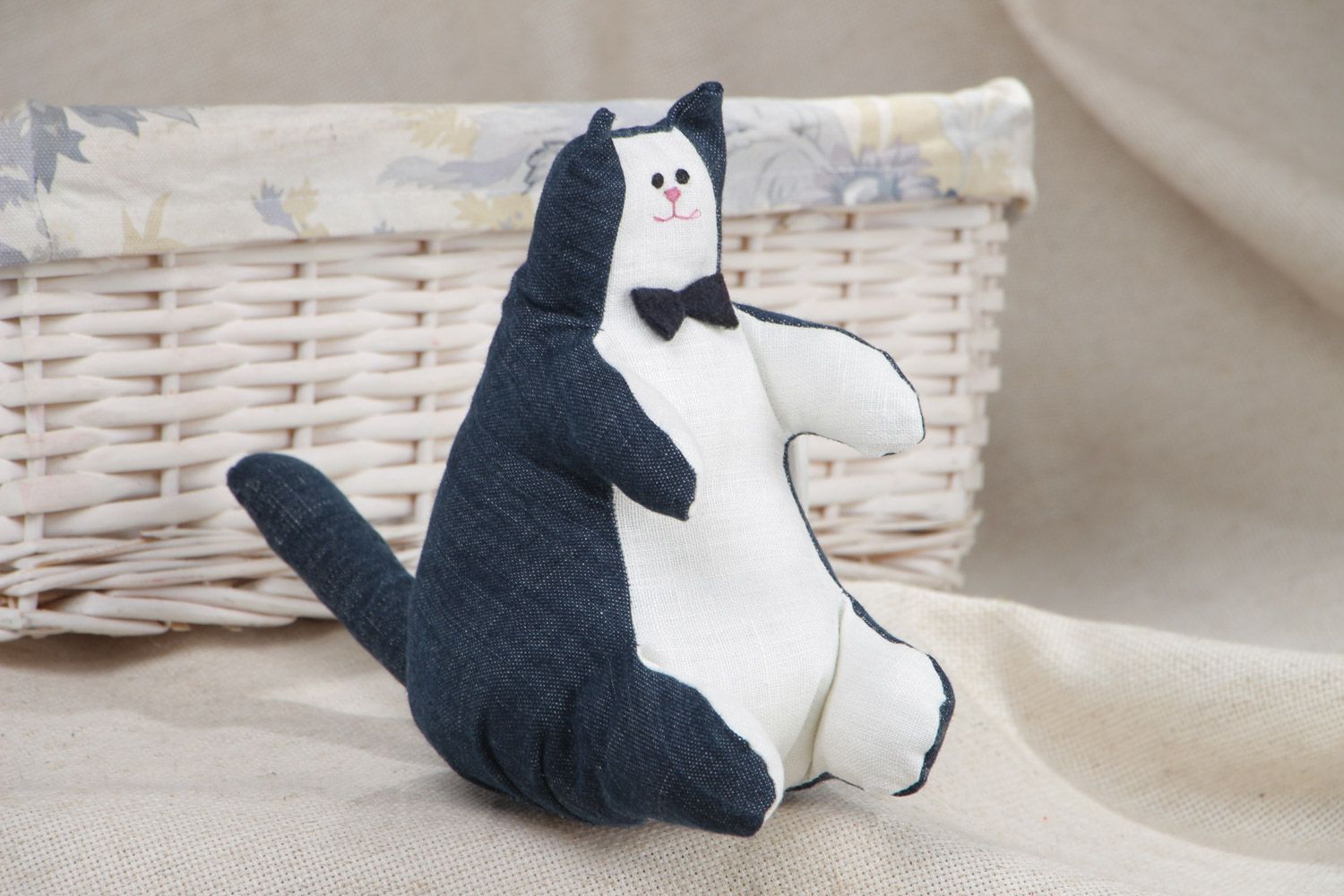 Handmade denim fabric soft toy cat of blue and white colors photo 1