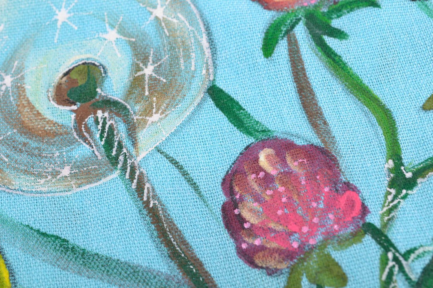 Foulard bleu ciel en cachemire avec peinture et fleurs fait main pour femme photo 3