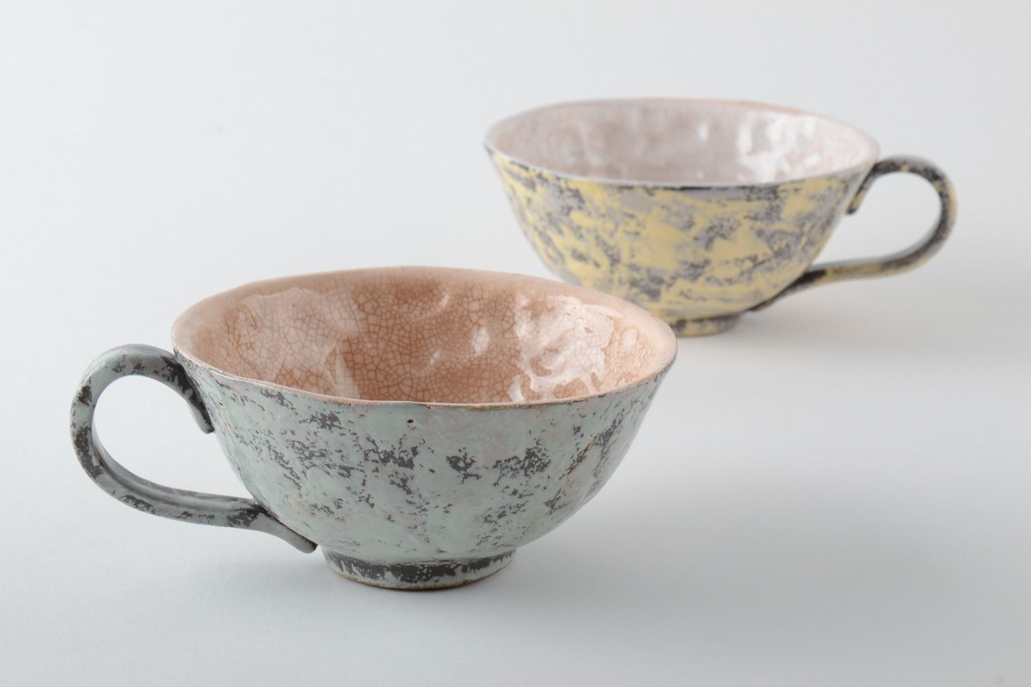 Tasses en argile à poterie faites main originales couvertes de glaçure 2 pièces photo 2