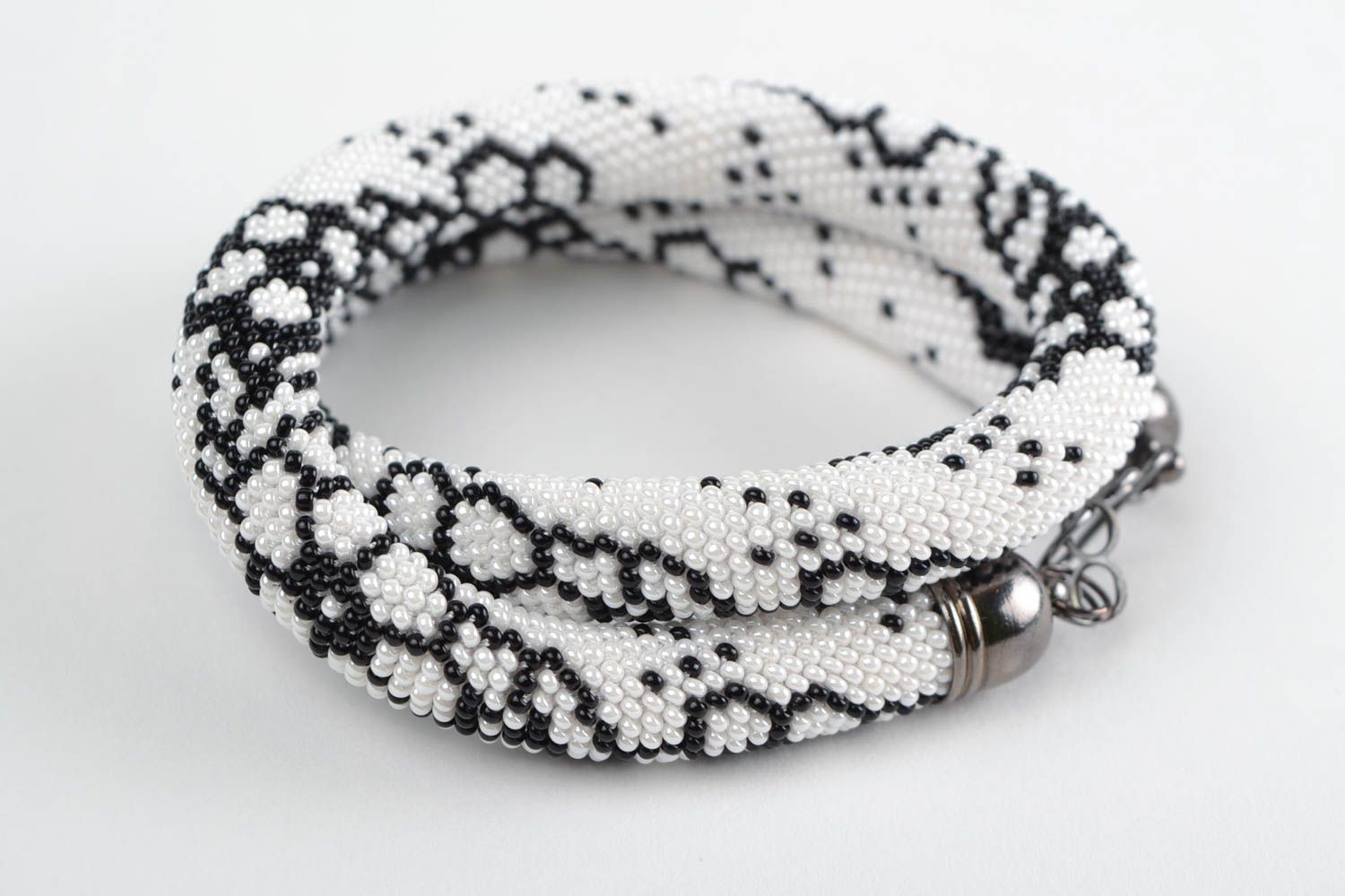 Beautiful black and white handmade beaded cord necklace designer jewelry photo 2
