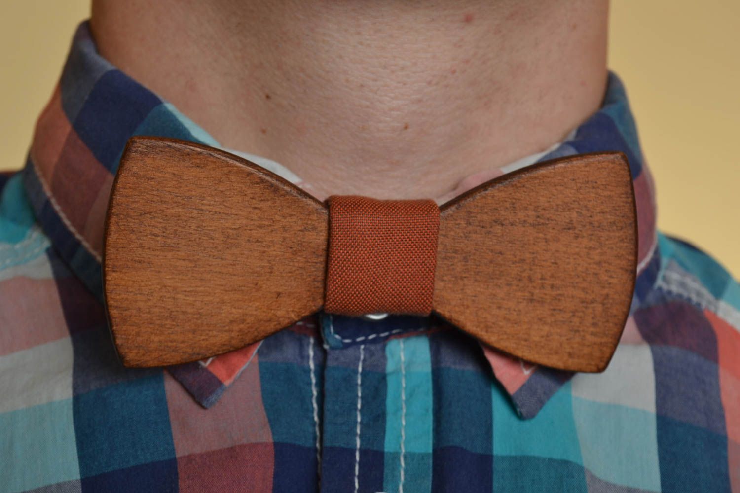 Unusual beautiful handmade designer beech wood bow tie with cotton strap photo 1