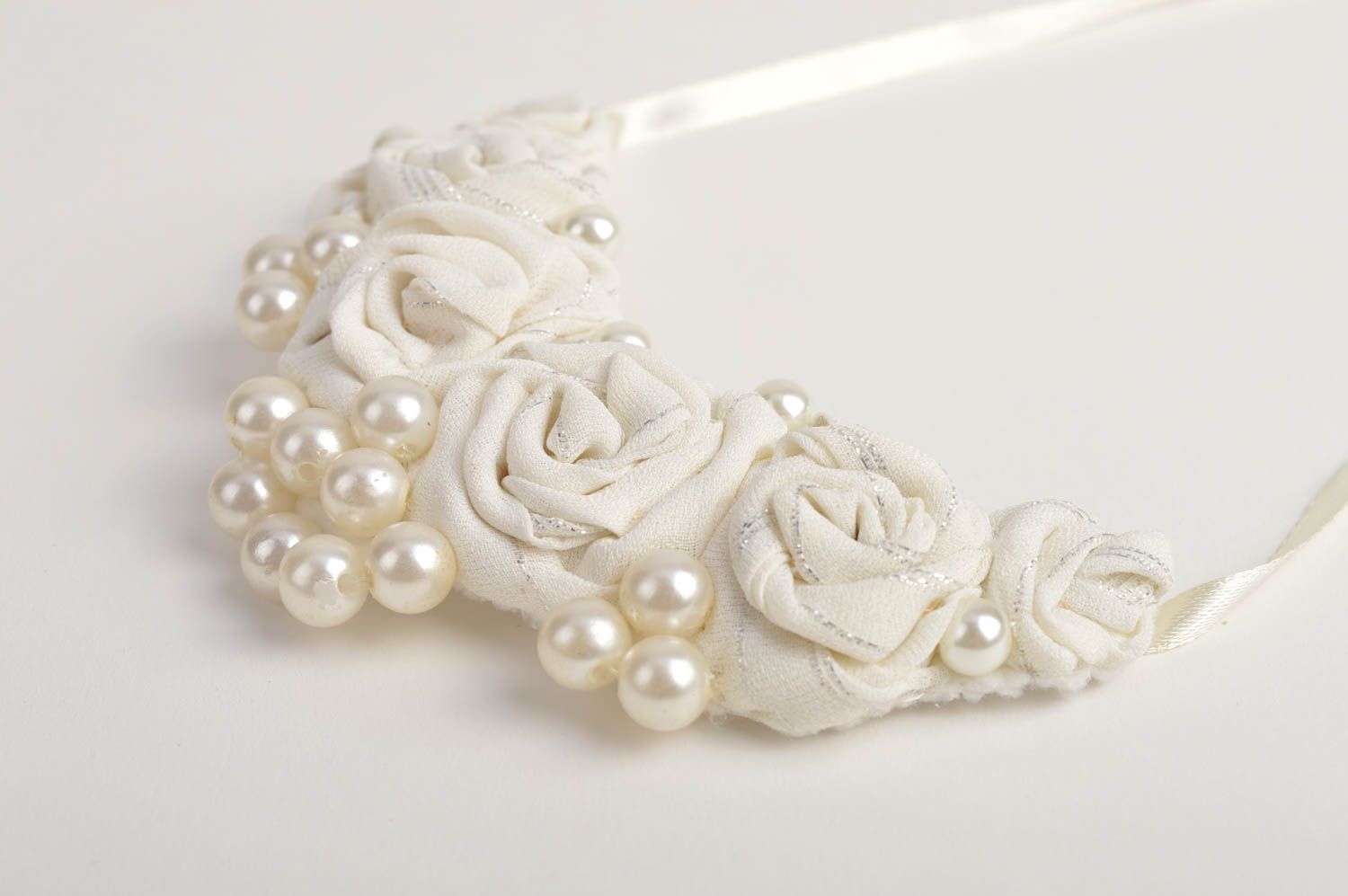Handmade designer festive necklace textile elegant necklace white accessory photo 3