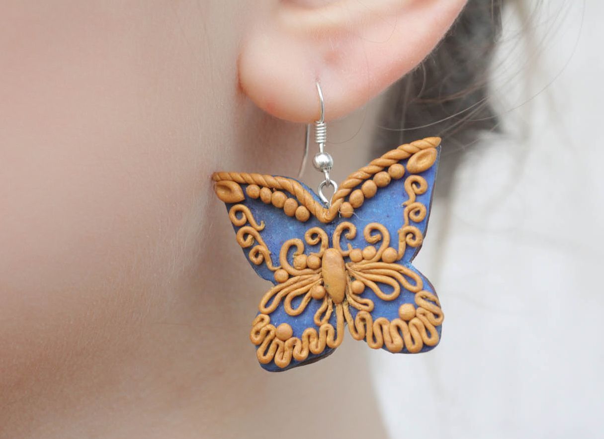 Polymer clay earrings in the shape of butterflies photo 1