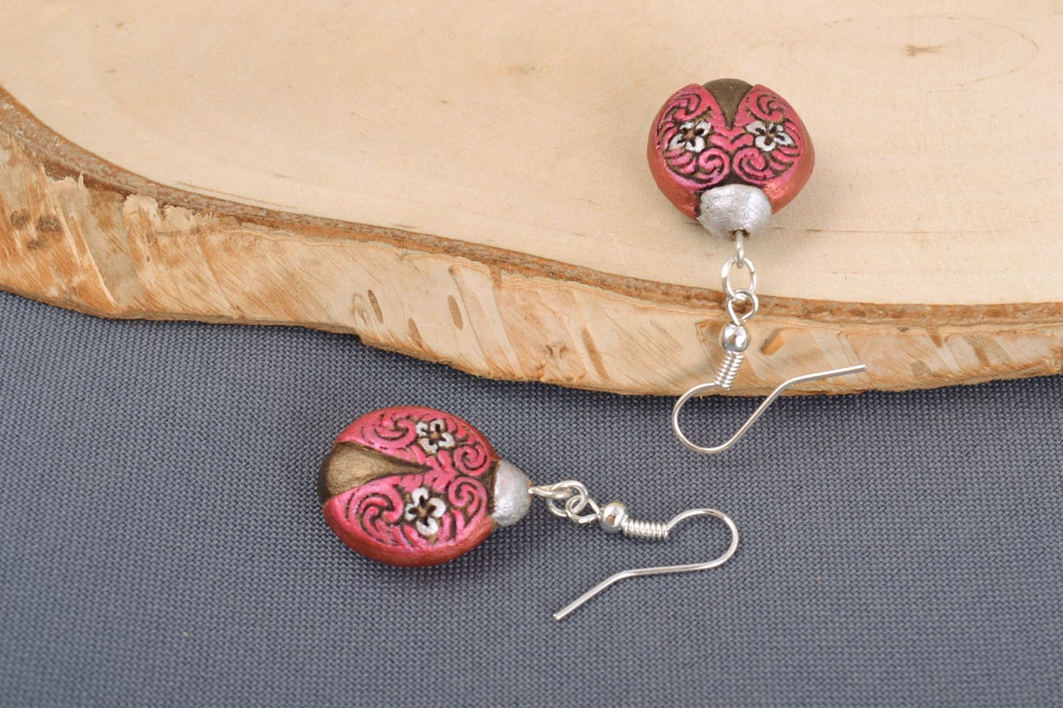 Tender small ceramic dangling earrings painted with acrylics handmade for women photo 1