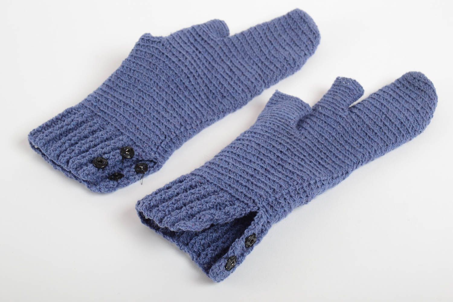 Синие вязаные варежки для зимней рыбалки шерстяные рукавицы ручной работы фото 4