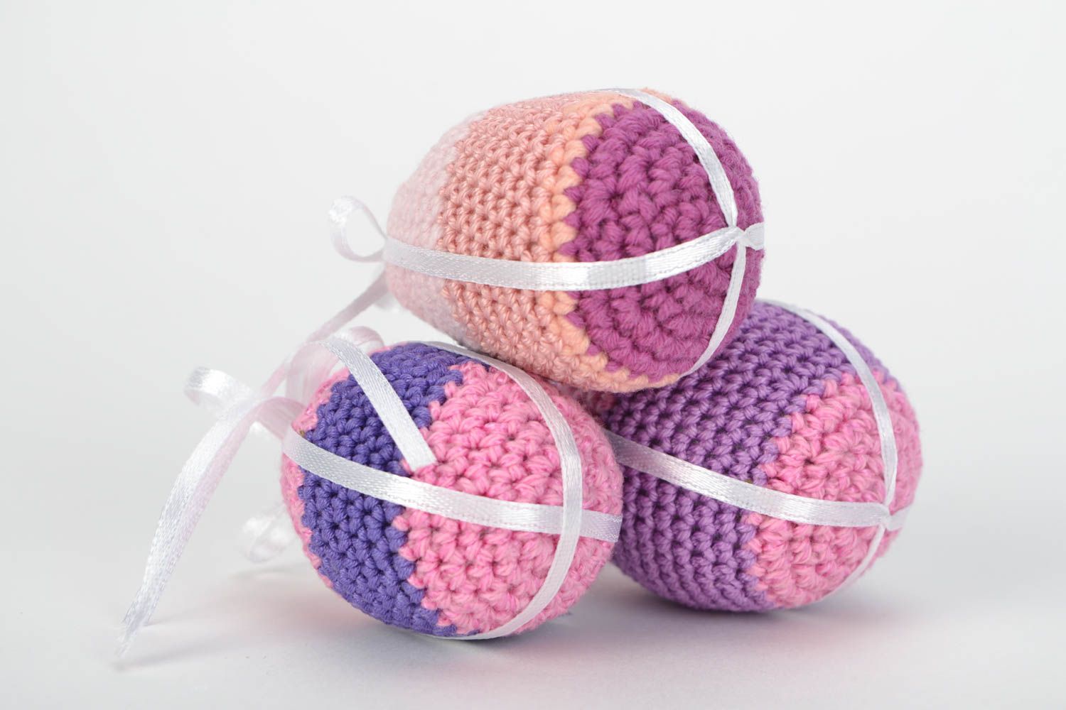 Set of handmade soft Easter eggs crocheted of cotton and wool 3 pieces photo 4