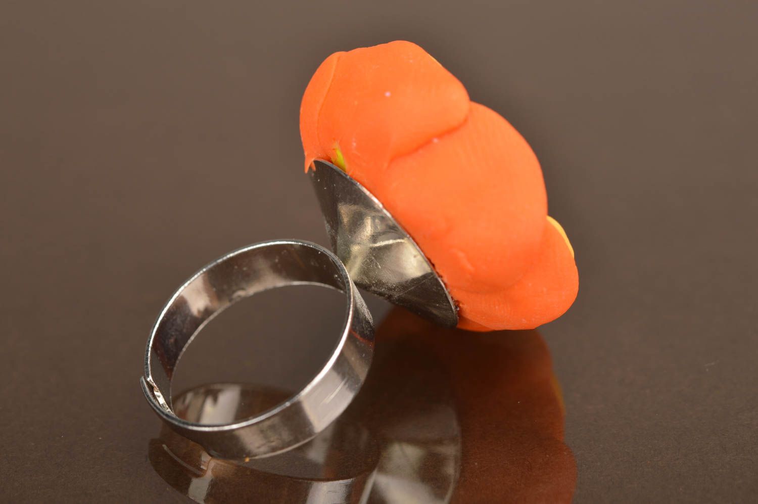 Handmade unique colorful ring made of polymer clay in form of an orange peony photo 3