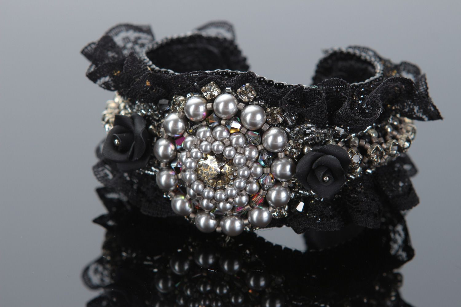 Handmade black wrist bracelet decorated with beads lace and Austrian crystal photo 2