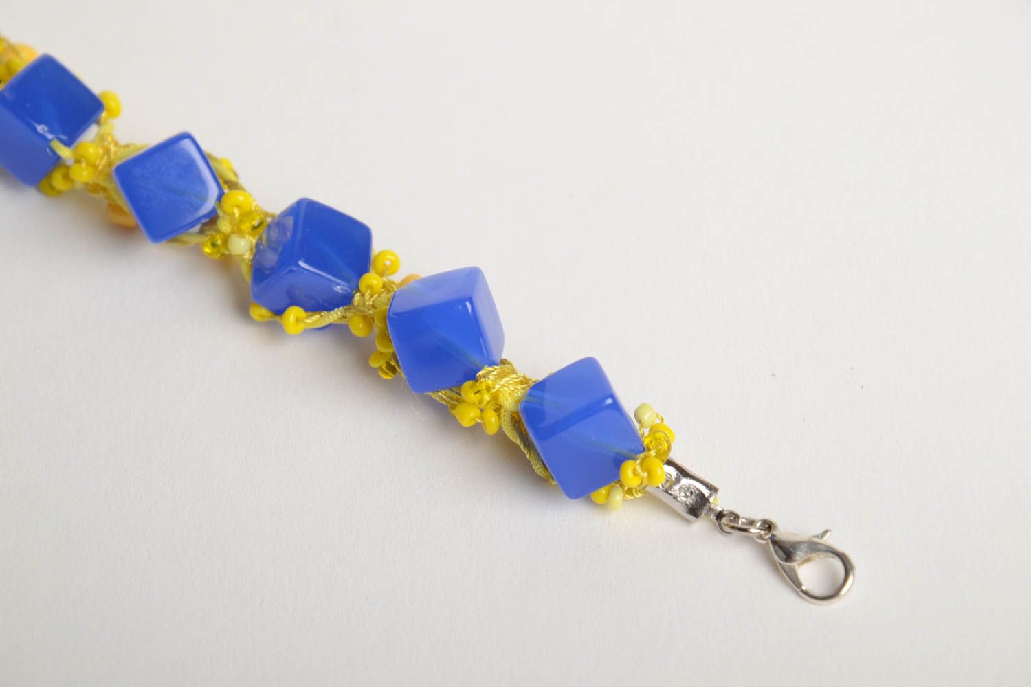 Handmade wrist bracelet crocheted of beads in yellow and blue color combination photo 5