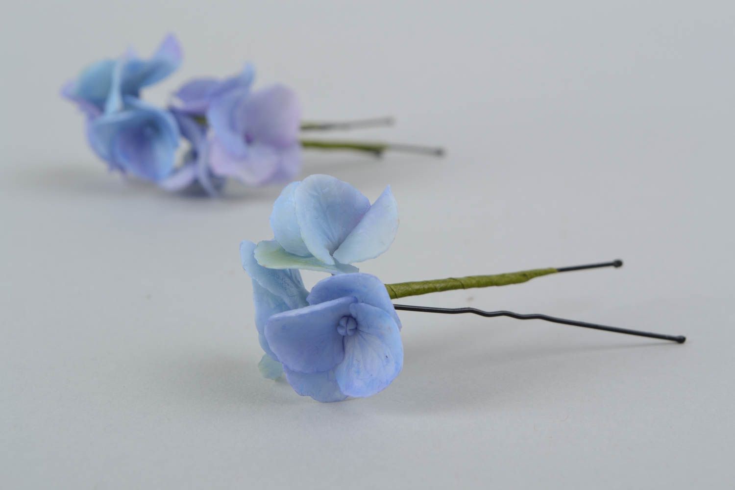 Pics à cheveux artisanaux ensemble de 3 pièces fait main d'argile bleu hortensia photo 1