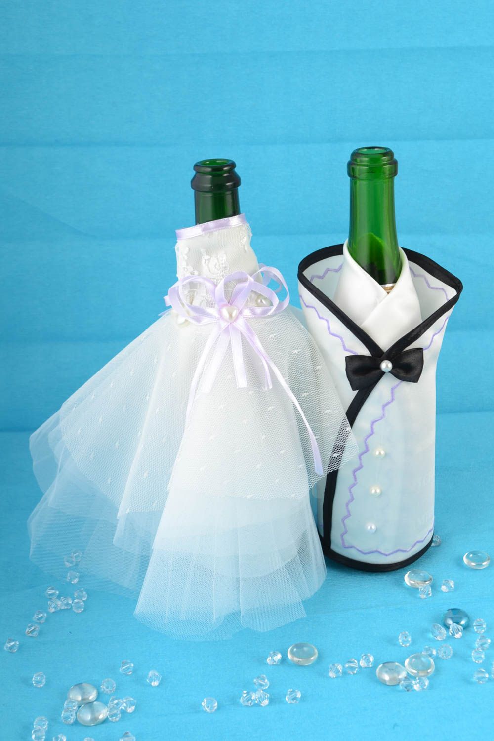 White and black handmade festive wedding bottle covers groom and bride photo 1
