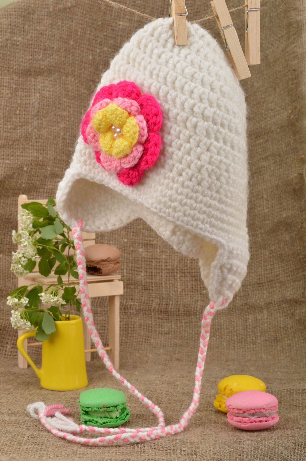 Handmade unusual beautiful cute crocheted white cap with flower for girls photo 1