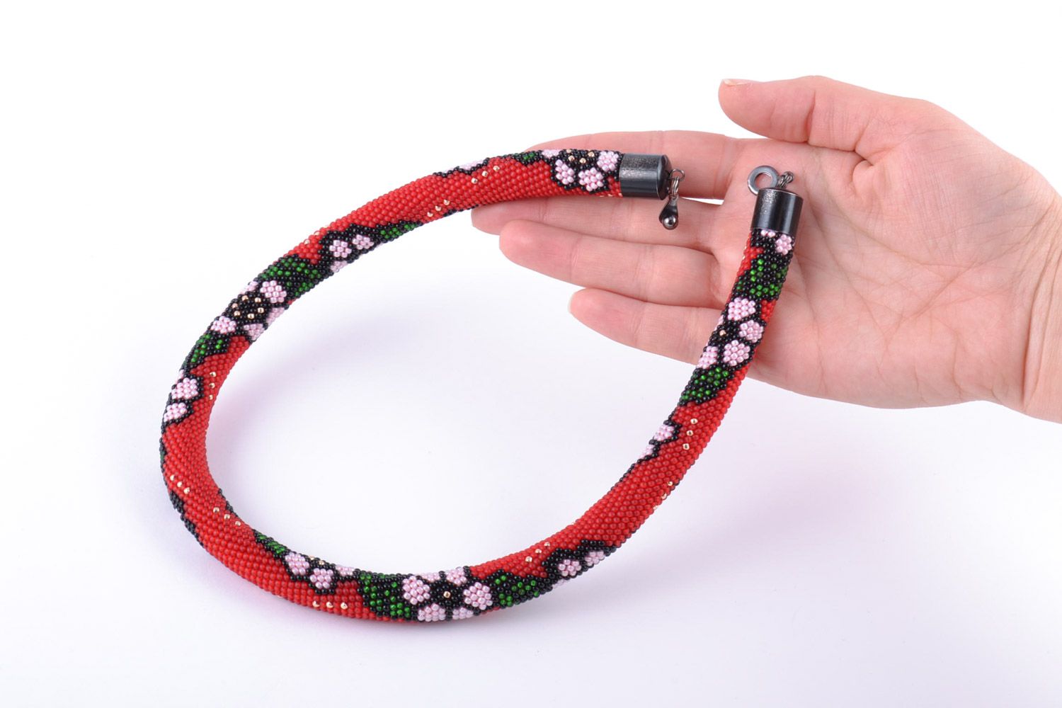 Handmade red Czech bead cord necklace with beautiful flowers photo 2