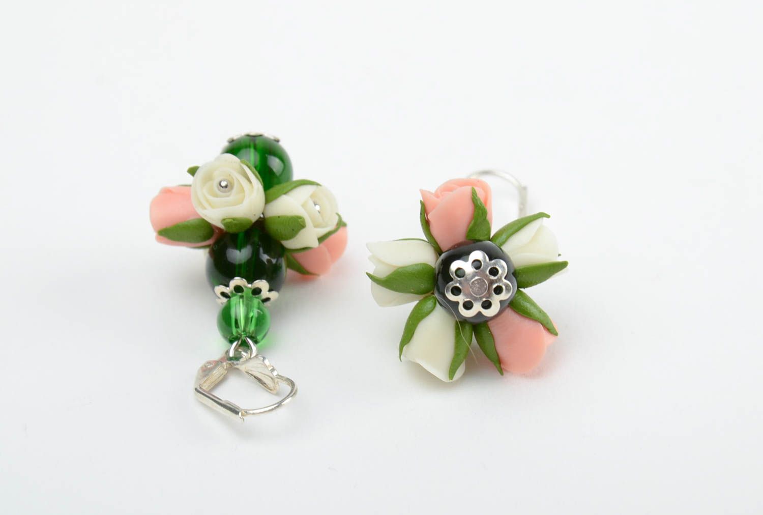 Handmade tender dangling earrings with cold porcelain white and pink rose flowers photo 5