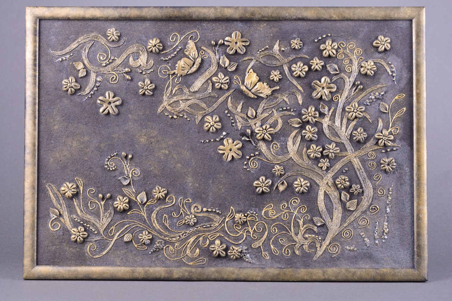 Polymer clay wall panel of dark colors in frame flowers and butterflies picture photo 4