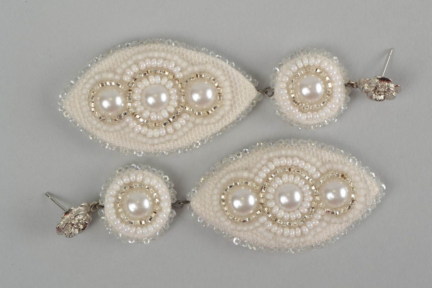 Beautiful white stylish beaded earrings handmade massive festive jewelry photo 3