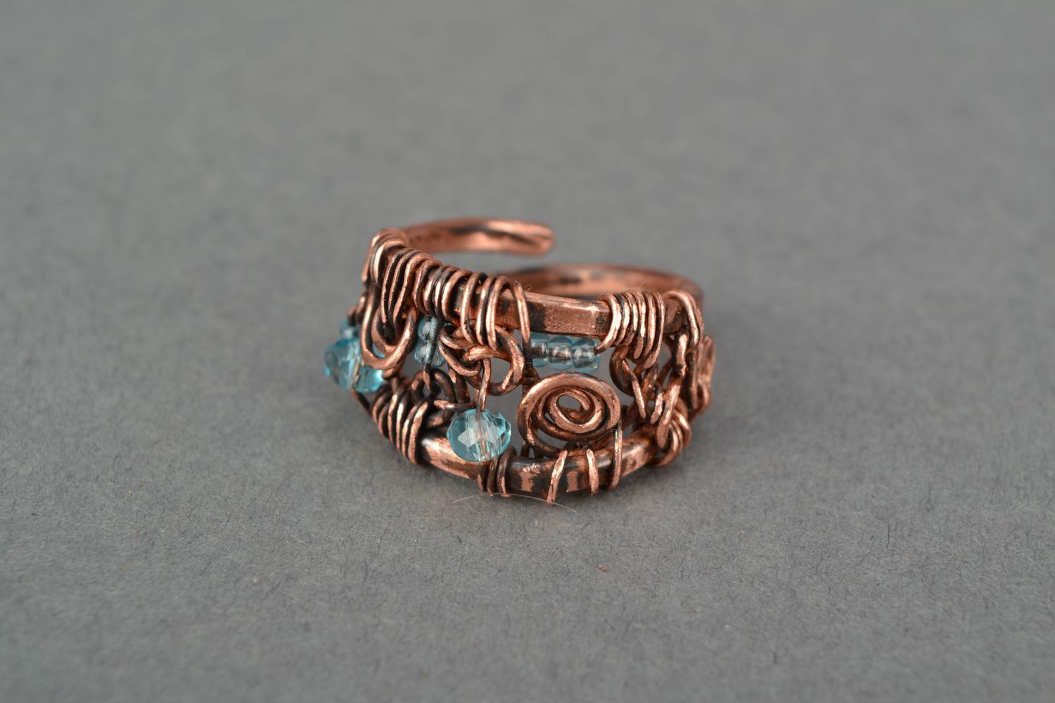 Lacy copper ring with blue crystal wire wrap technique photo 3