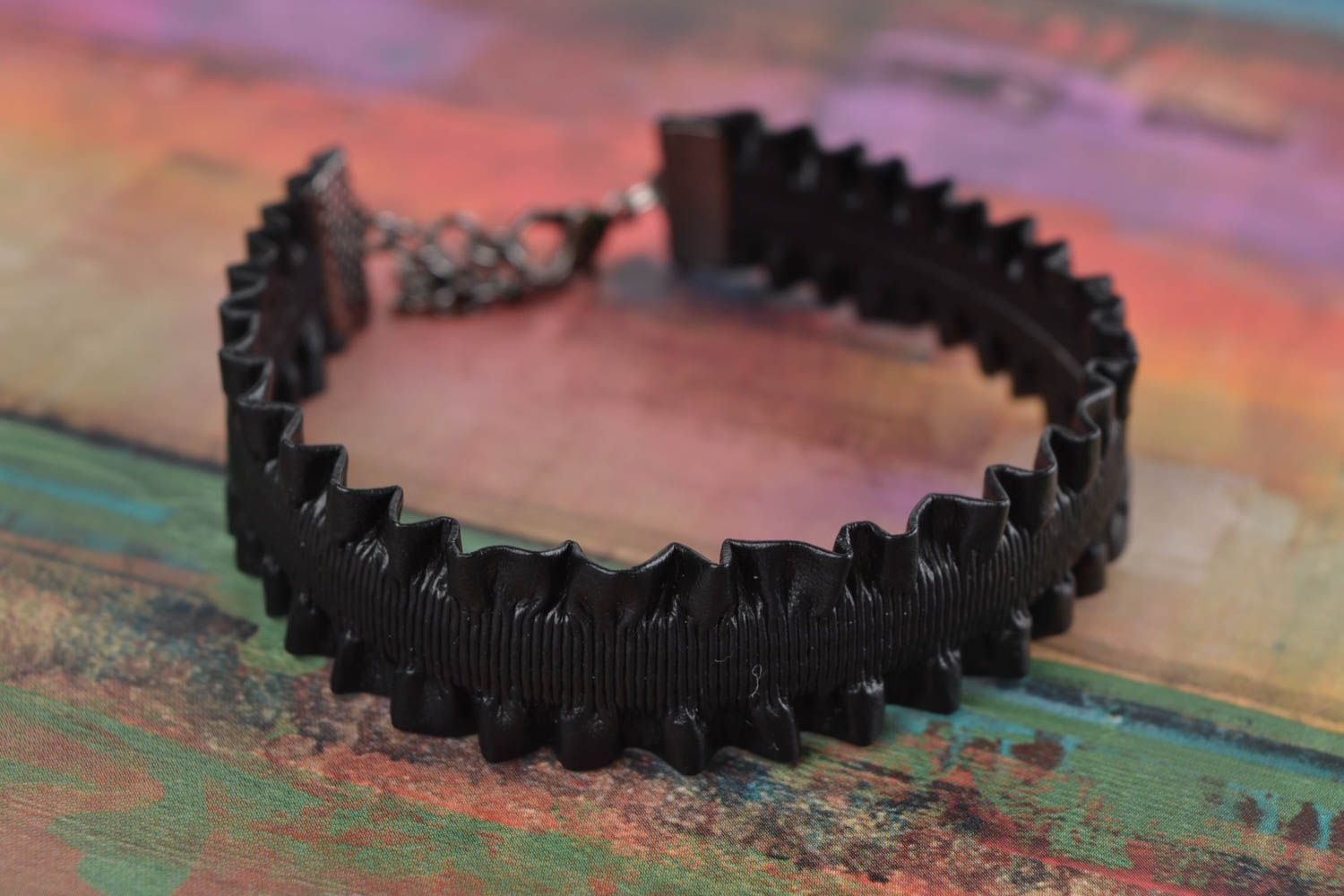 Unusual handmade designer faux leather wide bracelet of black color photo 1