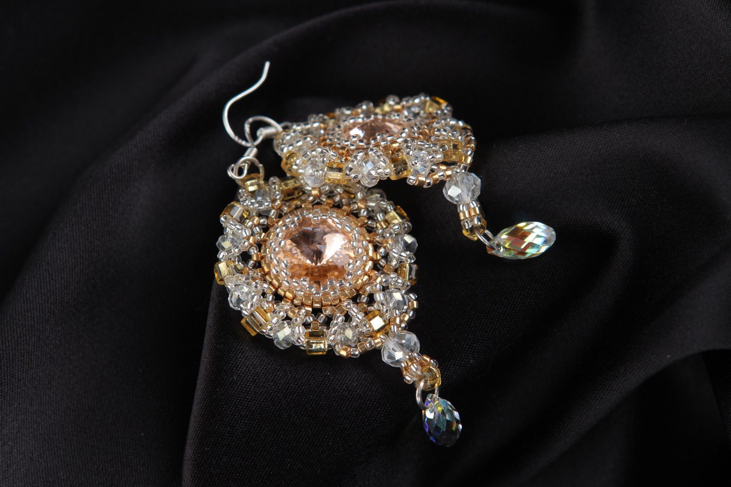Handmade dangle beaded earrings in tender golden and white color palette photo 4