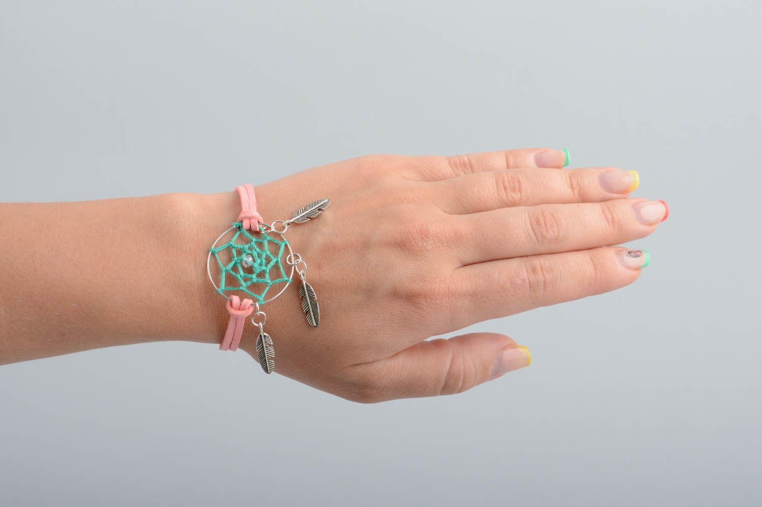 Bracelet fait main rose sur lacet Capteur de rêves amulette personnelle photo 5
