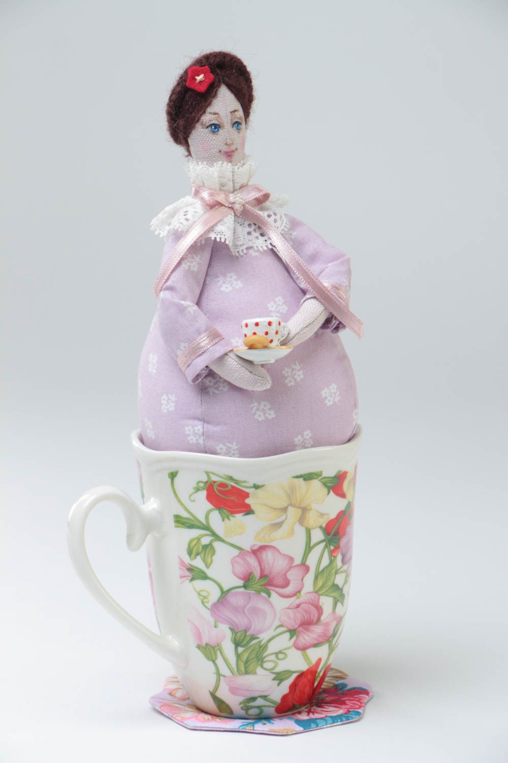 Handmade cotton and linen fabric soft doll Tea Fairy in lilac dress with cup photo 2