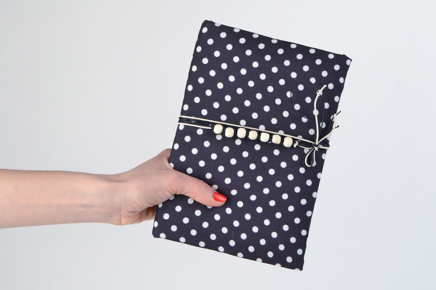 Handmade notebook with black and white polka dot cover and ties for 60 pages photo 2