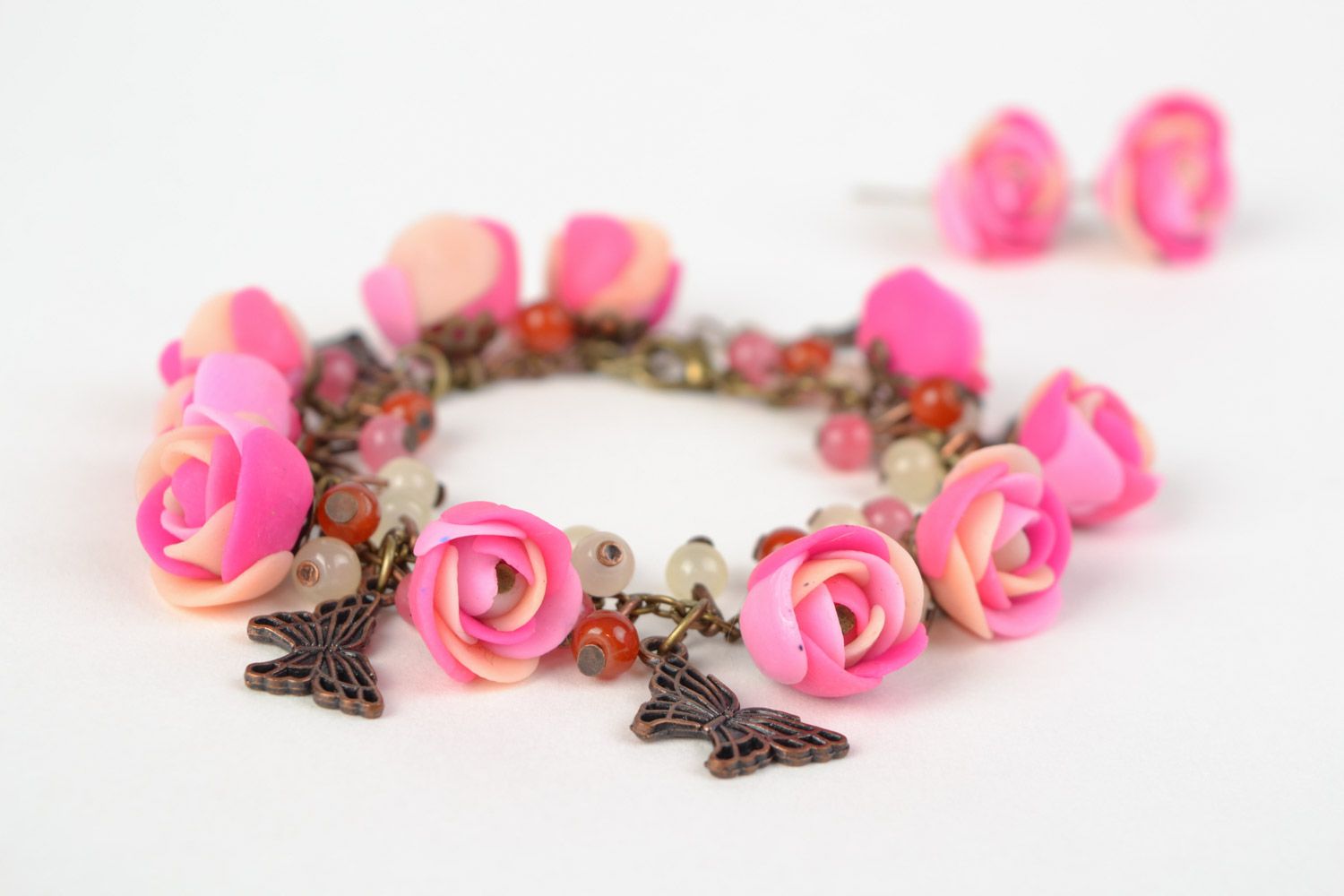 Handmade plastic flower jewelry set 2 items bracelet and stud earrings photo 4