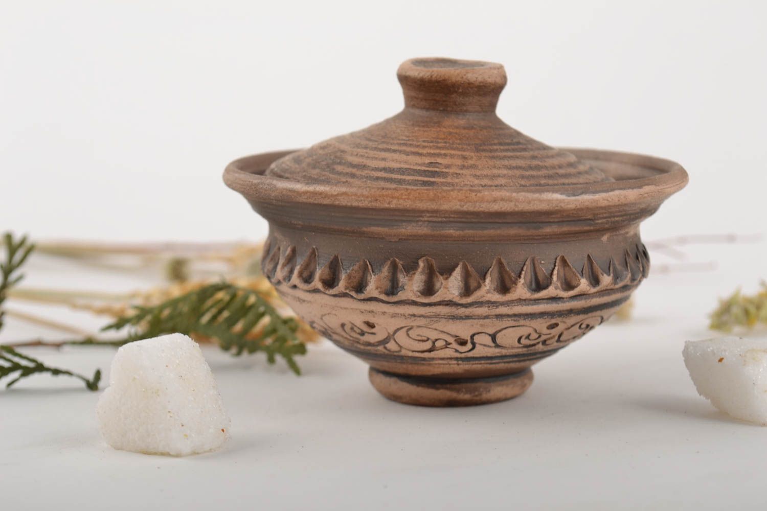 Handmade clay pot for salt with lid 100 ml decorative kitchen pottery photo 1